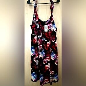 Torrid Mini Studio Knit Black Floral Tie Strap Skater Dress